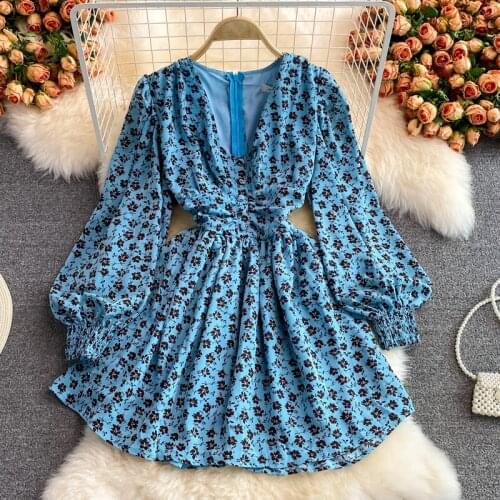 Vintage Blue Womens Dress Korean V-neck Long Sleeve High Waist Slim Dresses Female Fashion Tide 2021 Autumn