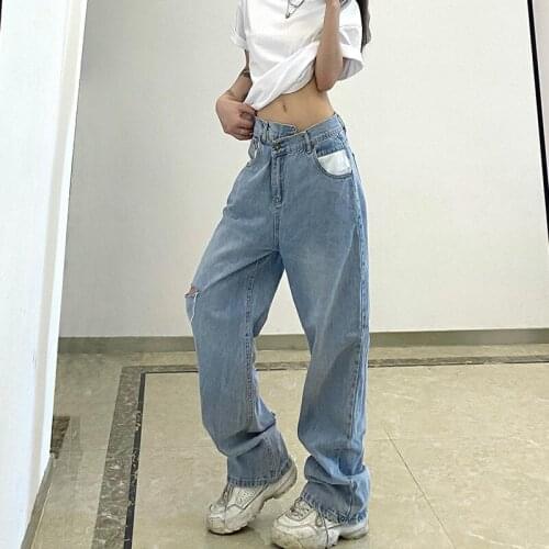2021 New Baggy Jeans Higt Waist Full Length Hollow Out Ripped Light Blue Washed Pockets Wide Leg Trousers Female Denim Pants