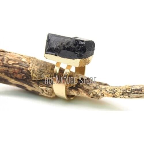 5Pcs RM16590 Copper Plated Jewelry Gold Black Tourmaline Ring Gold Plated Black Tourmaline Free Form Ring