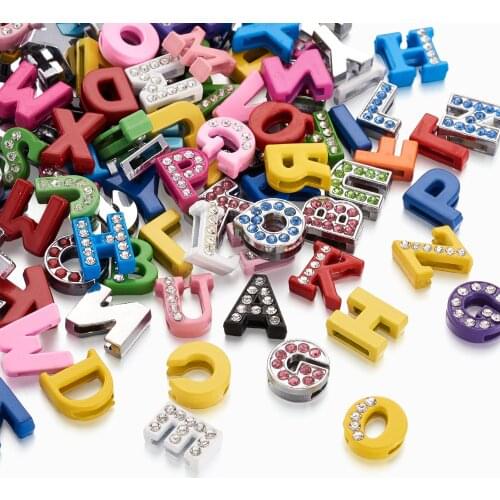 104Pcs Alloy Rhinestone Letter A-Z Slide Charms Mixed Color Beads for DIY Flat Bracelet Necklace Choker Jewelry Making Findings