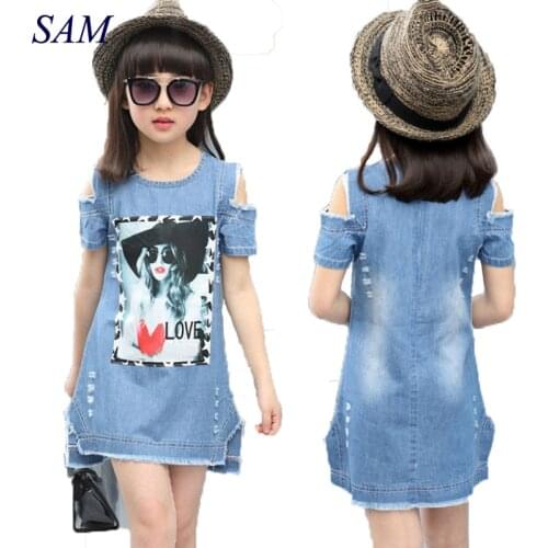 Children Dresses For Girls Denim Dress Summer Strapless Dress Pattern Girls Clothing Short Sleeve Child Clothes Denim T-Shirts