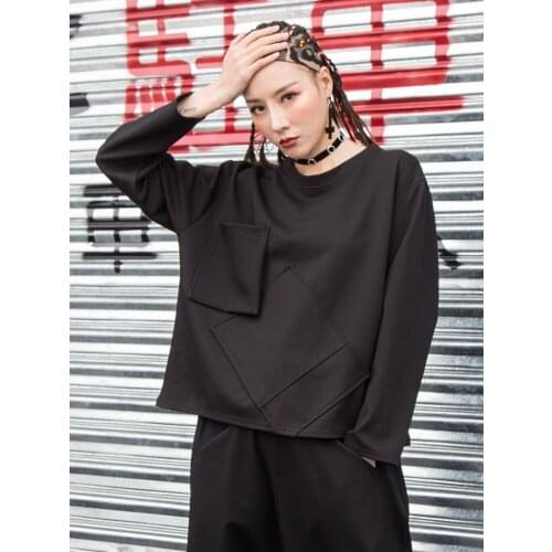 Large size Spring and autumn new womens loose personality stitching long sleeve round collar t-shirt Harajuku style fashion