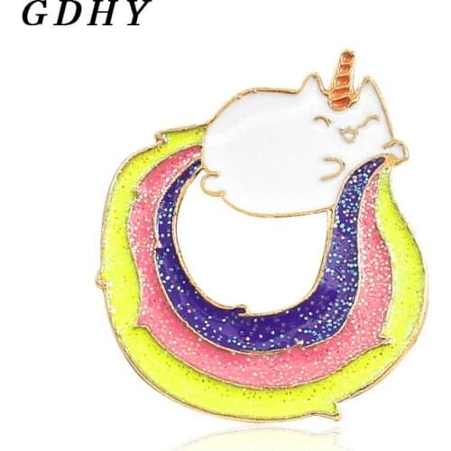 GDHY Cartoon Unicorn Brooch Lovely Animals Unicorn Shine Rainbow Colorful Huge Tail Enamel Pins Backpack Jewelry For Child Gifts