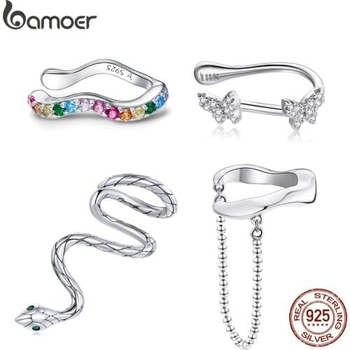 Bamoer 1Piece Ear Cuff Genuine 925 Sterling Silver Butterfly Romance Hoop Earrings Ear Clip Crystal Chic Fashion Jewelry SCE1202