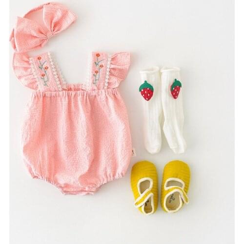 Baby Girls Embroidered Clothes Summer Newborn Baby Romper Jumpsuit For Girls Infant Baby Sunsuit Ruffle Sleeve Princess Headband