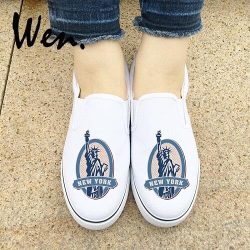 Wen Design Sneaker Postmark Statue of Liberty NEW YORK Slip On Shoes Men Flats White Black Canvas Women Pumps for Christmas Gift