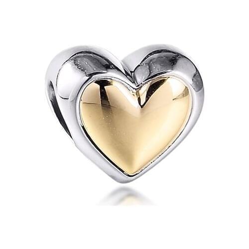 Domed Golden Heart Charm Fit Pandora Bracelets 925 Sterling Silver and 14K Real Gold Charms Beads for Jewelry Making rosario