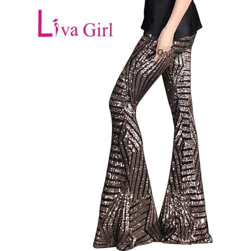 LIVA GIRL Sequin Wide Leg Pants Woman 2021 Casual Slim High Waist Oversize Long Sequined Trousers Female Plus Size Elastic Pants
