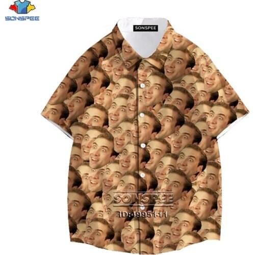 SONSPEE Hot Sell Nicolas Cage Men Shirt Funny Many Faces Summer Hawaiian Shirts Casual Fashion Beach Shirts Loose Short Sleeve