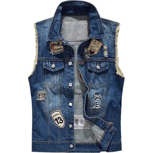 Mens Badge Patch Ripped Denim Vest Casual Patchwork Holes Distressed Waistcoat Fringe Tank Top