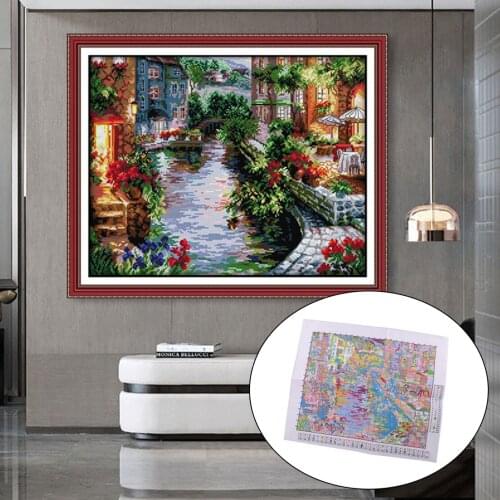 LETAOSK DIY Stamped Cross Stitch Kit The Lakeside House Printed Pattern Embroidery Gift 14CT 48x40cm