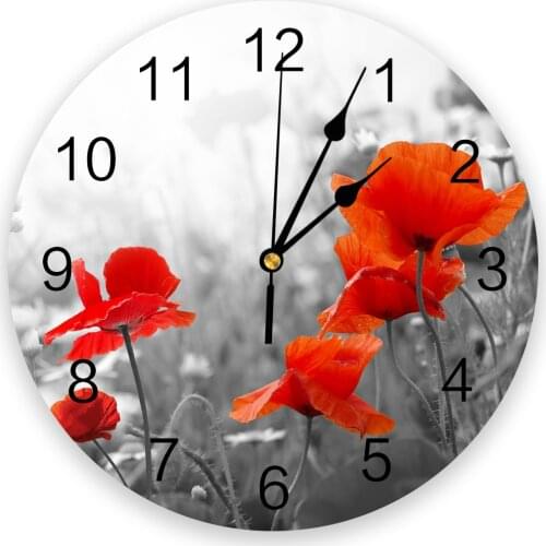 Poppy Flower Red Wall Clock Kitchen Home Living Room Bedroom Decorative Kids Room Wall Decor Hanging Clocks