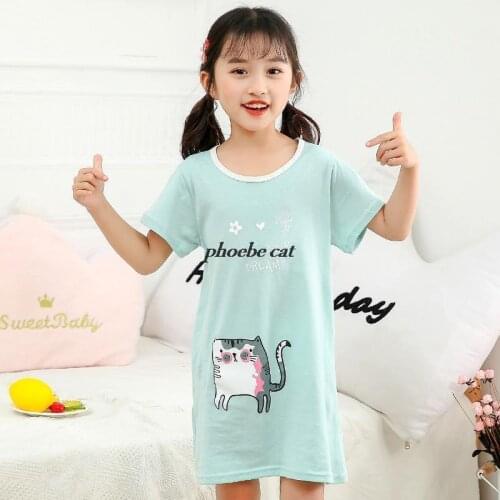 New Fashion Girl Dress Nightdress Cotton Baby Pajamas Cartoon Cat Nightgown Kids Home Dress Summer Short Sleeve Kids Sleepwear