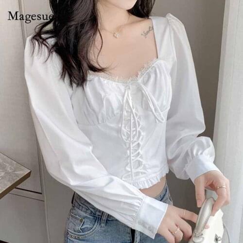 2020 Autumn Slim Pleated Square Collar Solid Womens Blouse Vintage Palace Style Lace Tie Long Sleeve Shirt Blusas Mujer 10846