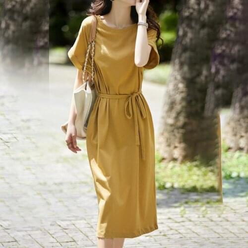 Round neck thinner waist belt OL commuter raglan shoulder turn-up sleeve cotton dress vestidos de mujer Ruffles Regular