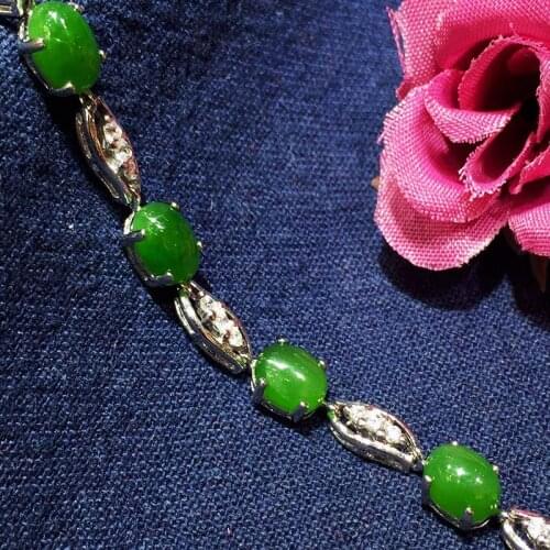 Vintage Retro Thai Silver S925 Sterling Silver Natural Hetian Jasper Noble Female Bracelet Girl