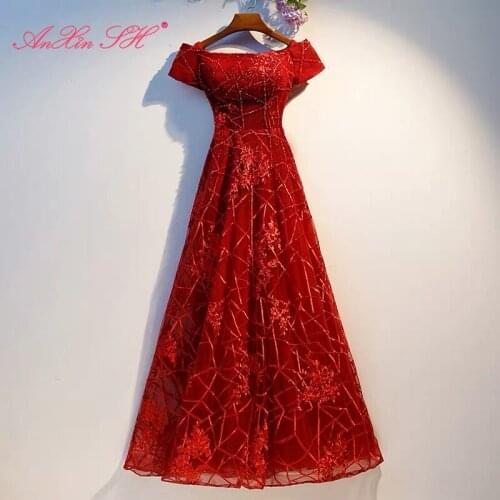 AnXin SH princess wine red lace evening dress vintage party boat neck shot sleeve beading crystal a line lace up evening dress