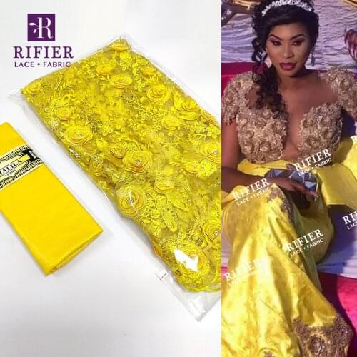 Yellow 3D Flower Pattern Bazin Riche Gextczer With Stones Net Lace With Guipure For Elegant Lady Party Dresses Net Laces Fabrics