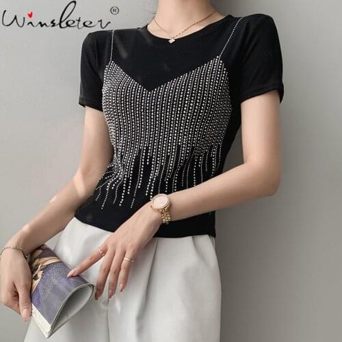 Summer European Clothes Cotton T-Shirt Chic Sexy V-Neck Shiny Diamonds Women Tops Bottoming Shirt Short Sleeve Tees New T17813A