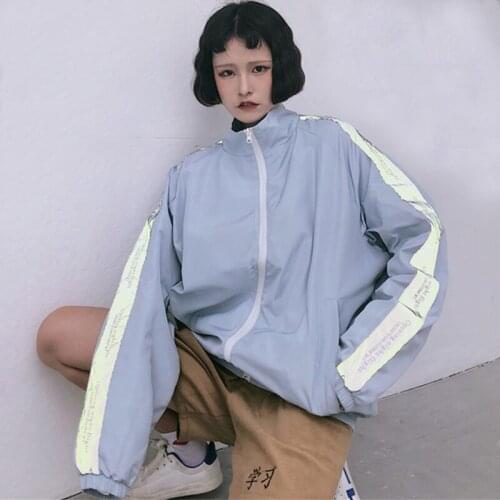 Spring Harajuku Women Jacket Reflective Long Sleeve Student Korean Boyfriend Coats Loose Zipper Jackets Girl Thin Windbreaker