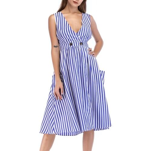 Summer Striped Casual Dresses Women Sexy V-Neck Sleeveless A-Line Button Pockets Midi Dress New Arrival Vestidos 2019