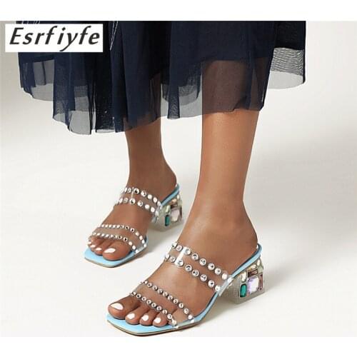 ESRFIYFE 2020 New Sexy PVC transparent Slippers Summer Fashion Crystal high Heels Slides Women Mules Shoes Large Size 34-48