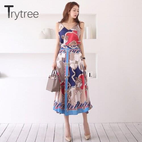 Trytree Summer Women two piece Set Casual Print V-Neck Tank Tops + Skirts Zipper A-Line Mid-Calf Silky Bohemian Suit 2 Piece Set
