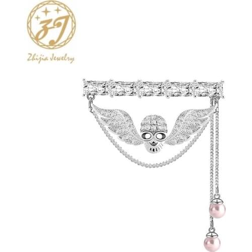 Zhijia Creative Unique Crystal Rhinestone Zircon Pearl Winged Pilot Parachute Fly Pins Brooches For Women Gifts