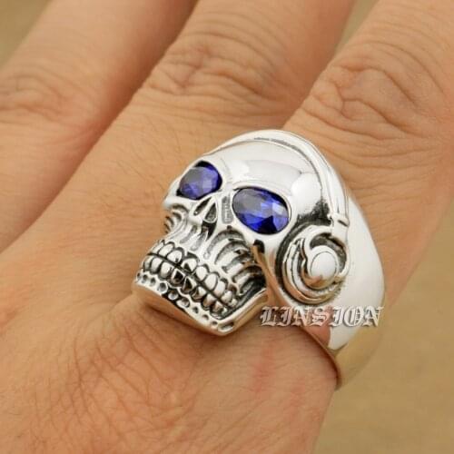 925 Sterling Silver Purple CZ Eyes DJ Skull Studio Music Headphone Mens Boys Biker Rock Punk Ring 8Y411 US Size 7 to 15
