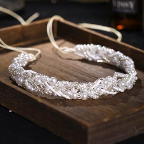 White Pearls Beaded Headbands for Women Wedding Hair Accessories Rhinestone Hairbands Tiaras and Crowns for Bride FORSEVEN