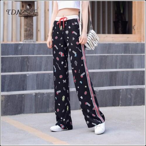Women Loose Chiffon Print Wide Leg Pants Drawstring Elastic Waist Casual Trousers Streetwear Side Striped Black Straight Pants