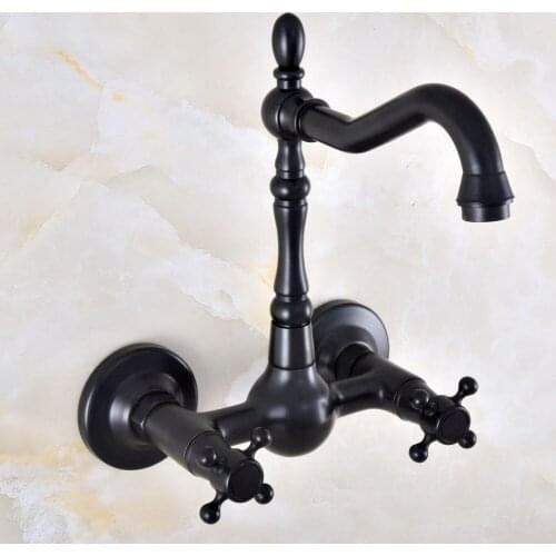 Black Oil Rubbed Bronze Bathroom Kitchen Sink Faucet Mixer Tap Swivel Spout Wall Mounted Two Handles mnf855