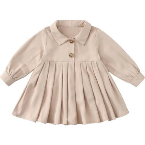 DFXD Korean Toddler Clothes Girls Autumn Long Sleeve Dress Solid Khaki Cotton Outfits Pleated Kids Party Dress 2-8Year Vestidos