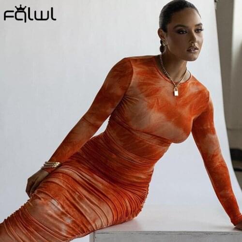FQLWL Tie Dye Print Long Sleeve Maxi Dress Women Solid Bodycon Ruched Wrap Dress Female Fall Ladies Pleated Sexy Party Dresses