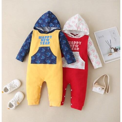 Happy New Year Baby Boy Clothes Letter Patchwork Print Long Sleeve Hoodies Baby Romper Festival Lively Baby Girl Clothes 0-18M