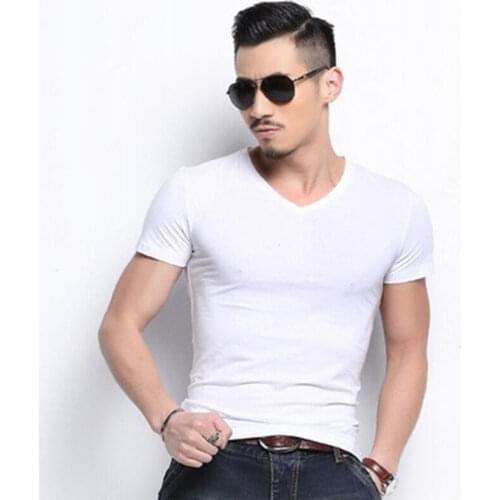 Summer mens Clothing Short Sleeve T-shirt Mens Tight v-neck T-shirt Pure Color Sportswear Korean Version Trend