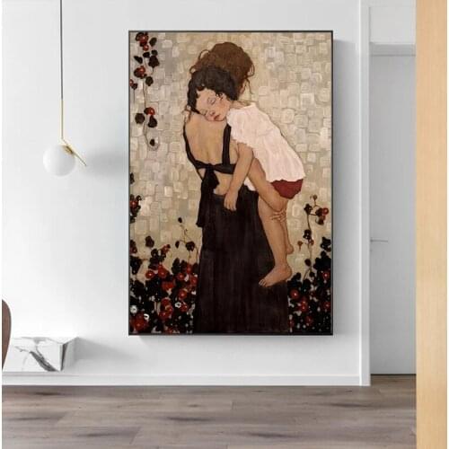 Mother Hold Child By Gustav Klimt Canvas Posters Abstract Paintings Prints Wall Art Cuadros for Living Room Decor Unframed