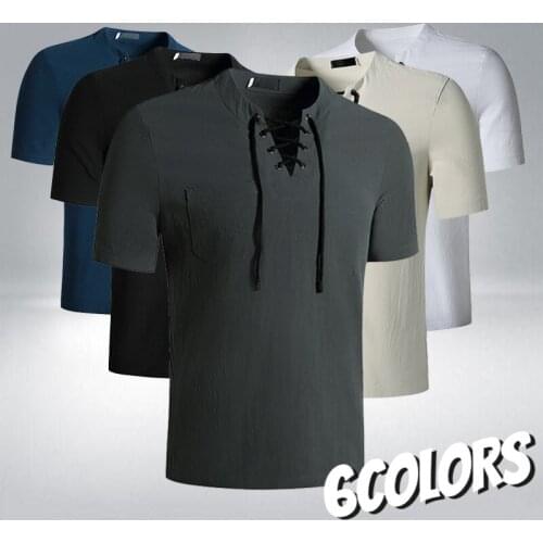 Mens Fashion Summer New Cotton and Linen Short-sleeved T-shirt Fashion Trend Tethered Shirt T-shirt