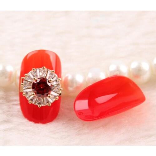 Press on Recycle False Acylic tangerine color nail tips with wine red crystal
