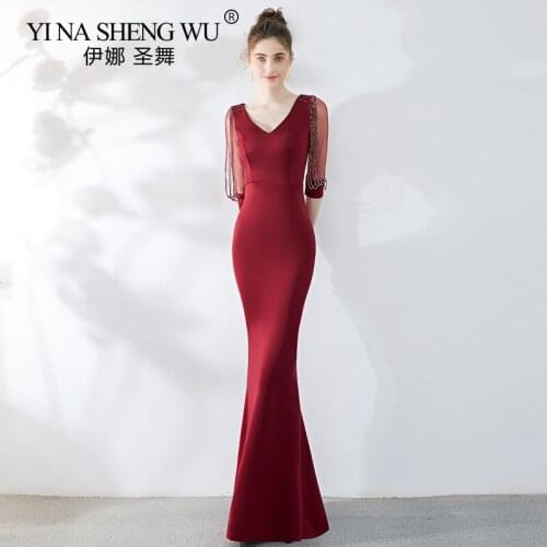 New Mermaid Long Dresses Slim Long Half Sleeve Bride Formal Prom Party Gown Banquet Wine Red Vestidos Elegantes Robe Longue