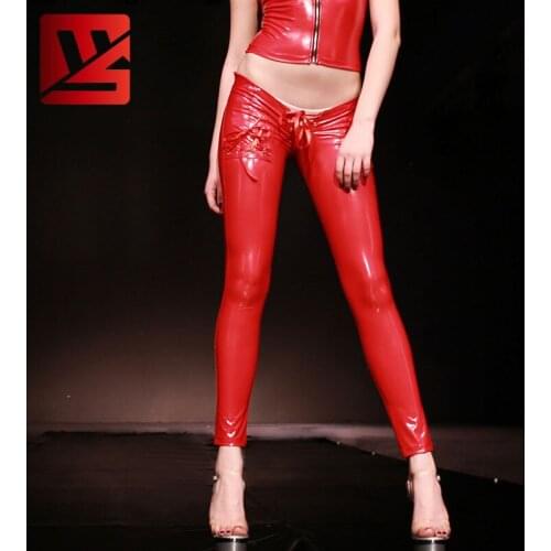 Sexy Women PVC Shiny Lace Up Low Rise Pencil Pants Casual Pants Leggings Capris Moto & Biker Stage Wear Trouser Plus Size F120
