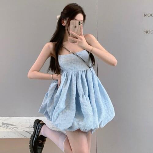 A-line Dresses for Women Summer Spaghetti Strap Dress Off Shoulder Strapless Blue Camisole Fashion Sweet Style Korean Clothes