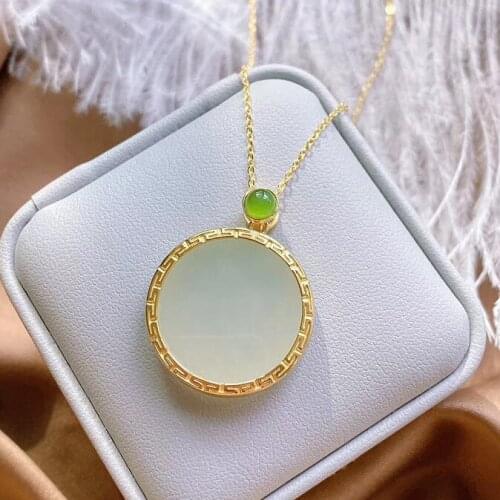 SNew silver inlaid natural Hetian Chalcedony round pendant necklace niche design cold wind craft retro charm women brand jewelry