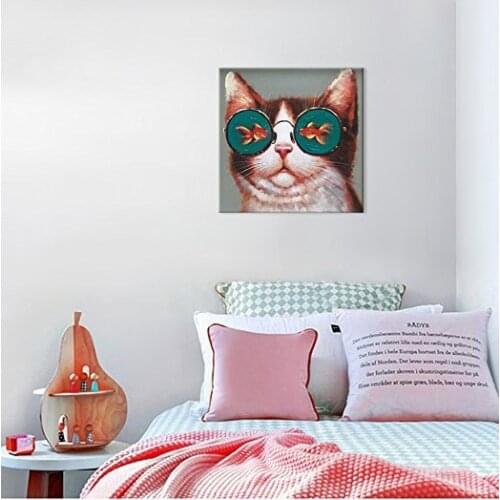 Top Artist Art Work Modern Animal Artwork 100% Hand-painted Oil Painting Cat loves Fish Wall Pictures Wall Art for Living Room