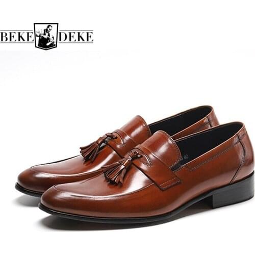 Business Man Formal Genuine Leather Shoes Tassels Pointed Toe Slip On Loafers Driving Shoes Men Party Office Work Dress Shoes