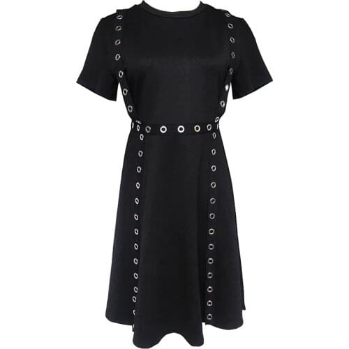 PERHAPS U Black Hollow Out O Neck Short Sleeve Empire Mini Short Dress Solid Rock Summer D0529
