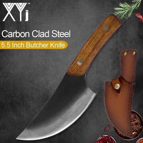 XYj Handmade Forged Butcher Full Tang Cleaver 5.5'' INCH Survival Hiking Camping Leather Cover Sheath Cooking Accessory Tools