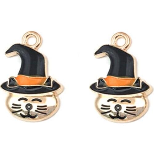 Jewellery Charms All Saints' Day Witch Cap Cat Happy Gold Plated DIY 25x16mm Enamel Accessories For Bracelets Crafts 10pcs/1 lot