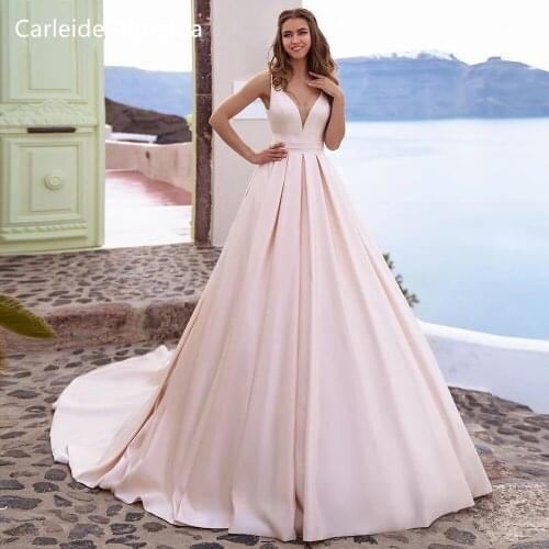 Vestidos De Novia V-Neck Satin Vintage Wedding Dresses Chapel Train A Line Bridal Gown