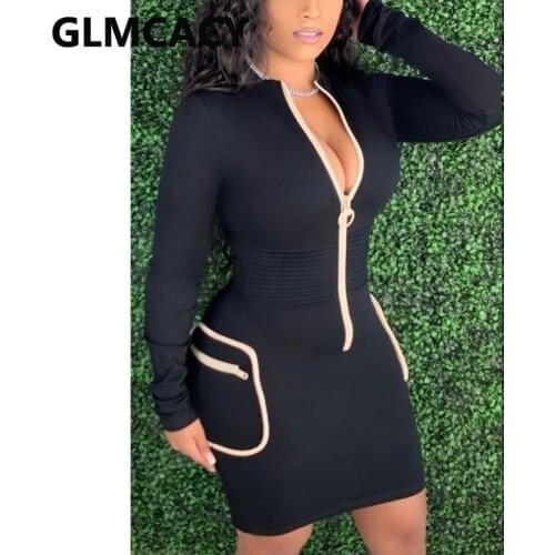 Women Casual Long Sleeve Zipper Front Bodycon Dress